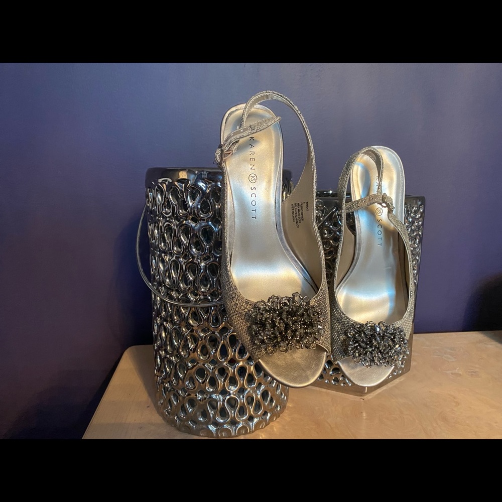Gold and Grey Pattern Jewelled Slingback Shoes